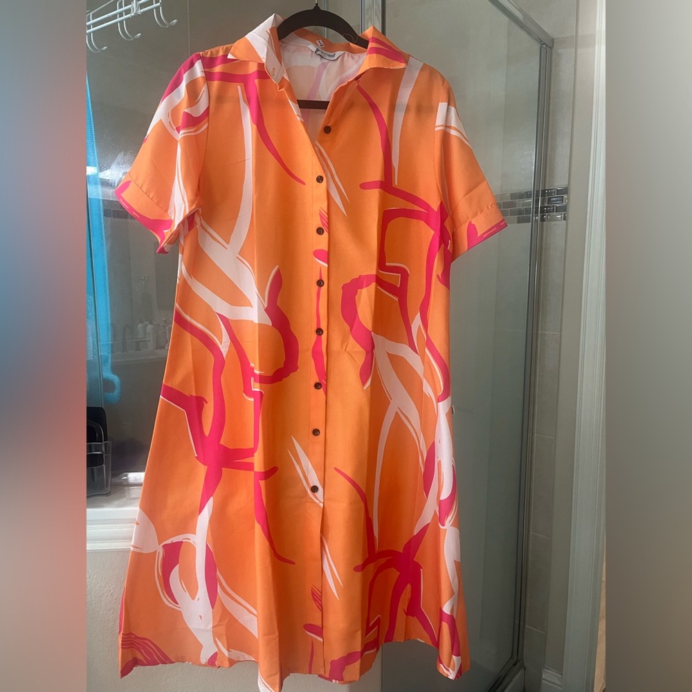 Orange and Pink Buttoned Sundress with V-Neck
